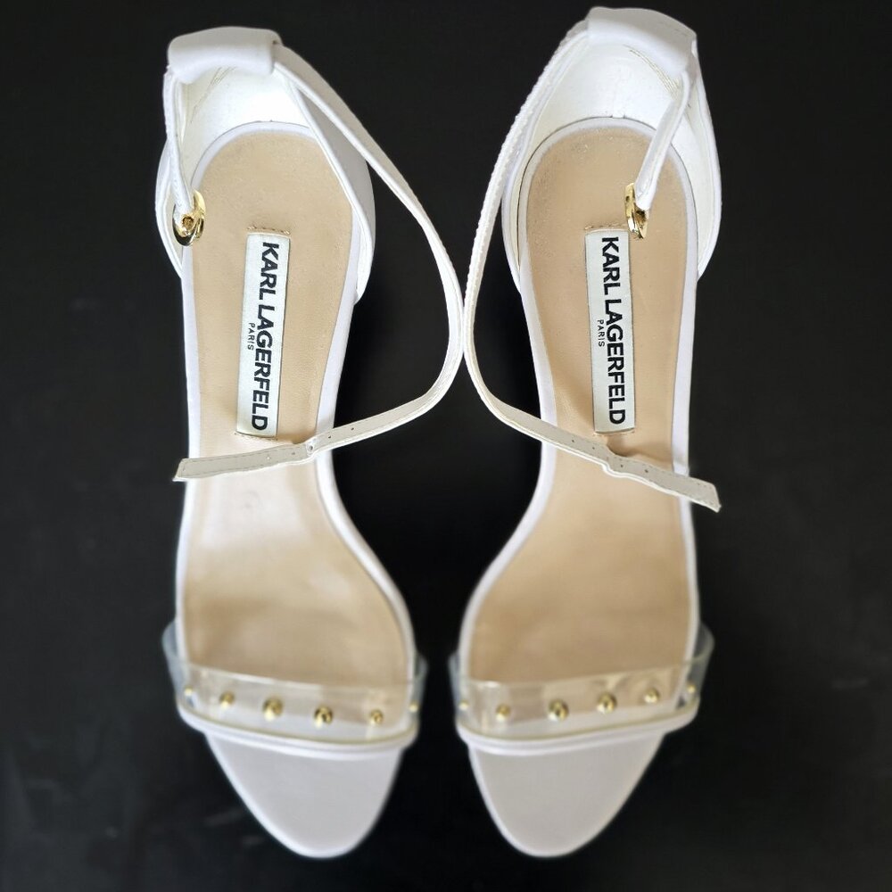 Brand new Karl Lagerfeld Paris woman's kitten heel sandal. White, size 9